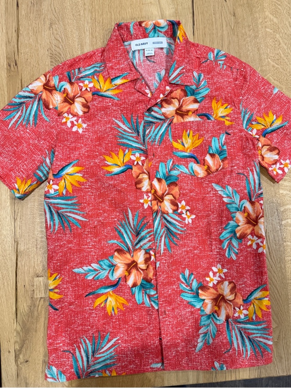 Old Navy Red Tropical Floral Camp Shirt with Teal & Yellow Accents